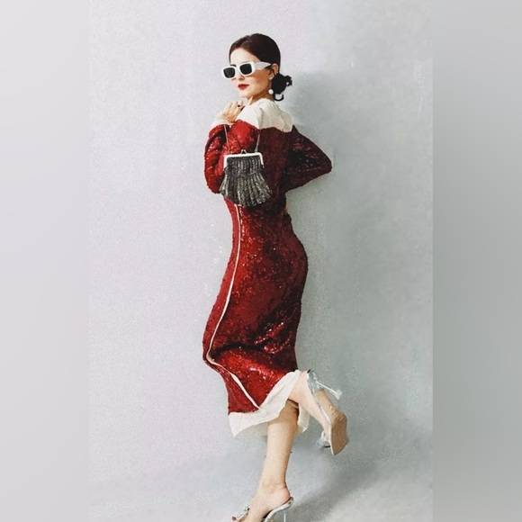 Zara ZW collection red sequin chiffon dress, Christmas party, holiday, New Years - Picture 12 of 16